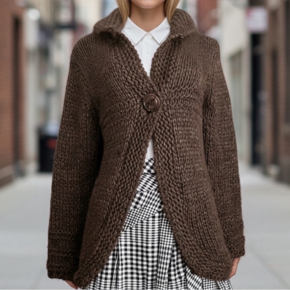 Beretti Wool Blend Chunky Knit Cozy Cardigan Brown SZ M